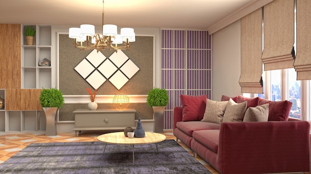 3D rendering of a modern and cozy living room