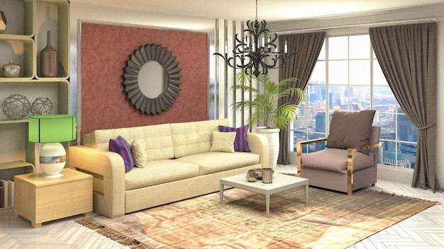 3D rendering of a modern and cozy living room