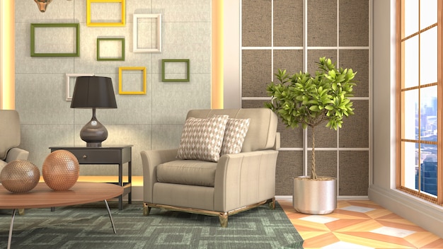 3D rendering of a modern and cozy living room