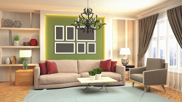 3D rendering of a modern and cozy living room