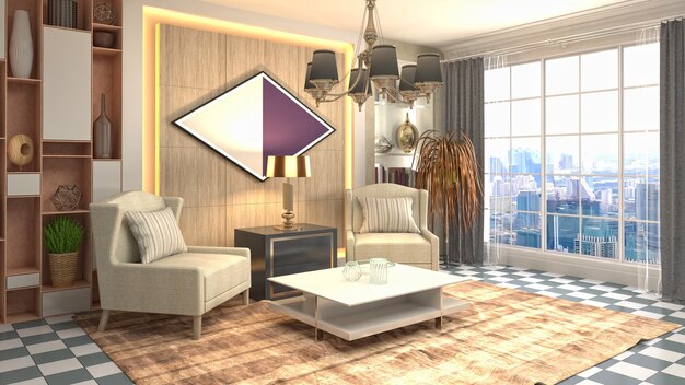 3D rendering of a modern and cozy living room