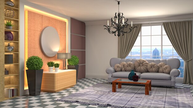 3D rendering of a modern and cozy living room