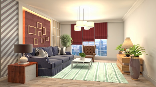 3D rendering of a modern and cozy living room