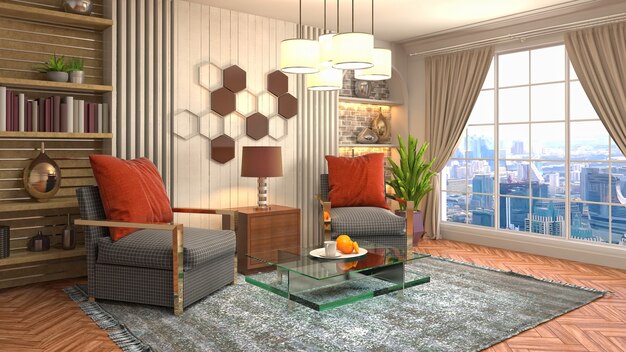 3D rendering of a modern and cozy living room