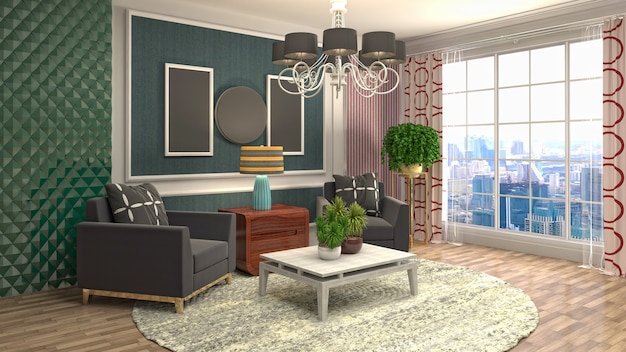 3D rendering of a modern and cozy living room