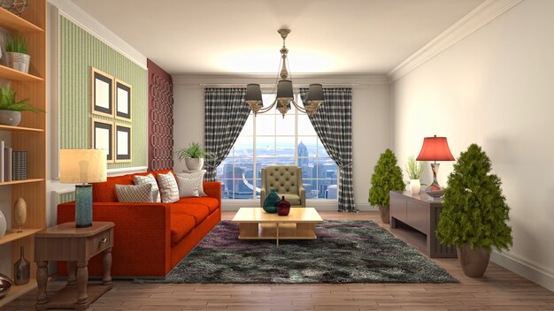 3D rendering of a modern and cozy living room