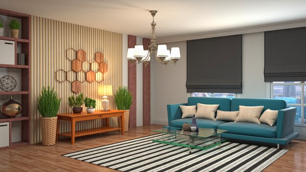 3D rendering of a modern and cozy living room