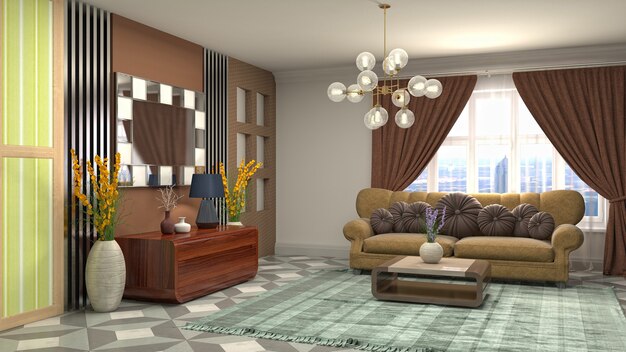 3D rendering of a modern and cozy living room