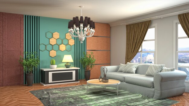 3D rendering of a modern and cozy living room