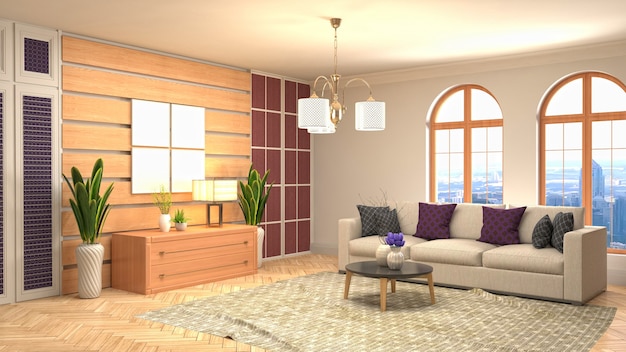 3D rendering of a modern and cozy living room