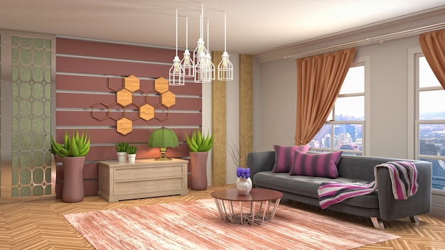 3D rendering of a modern and cozy living room