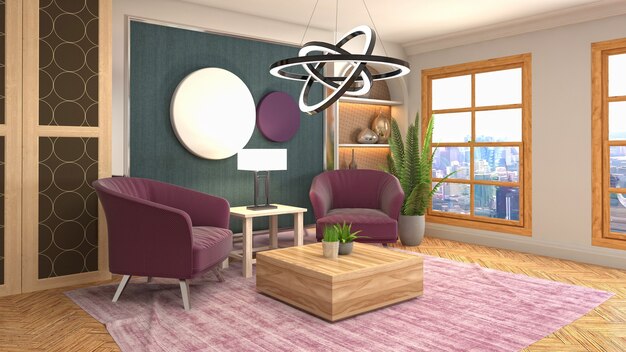 3D rendering of a modern and cozy living room