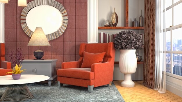 3D rendering of a modern and cozy living room