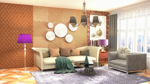 3D rendering of a modern and cozy living room