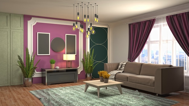 3D rendering of a modern and cozy living room