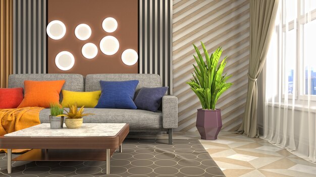 3D rendering of a modern and cozy living room