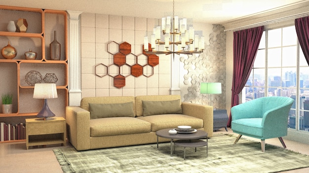 3D rendering of a modern and cozy living room