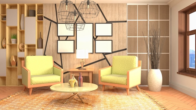 3D rendering of a modern and cozy living room