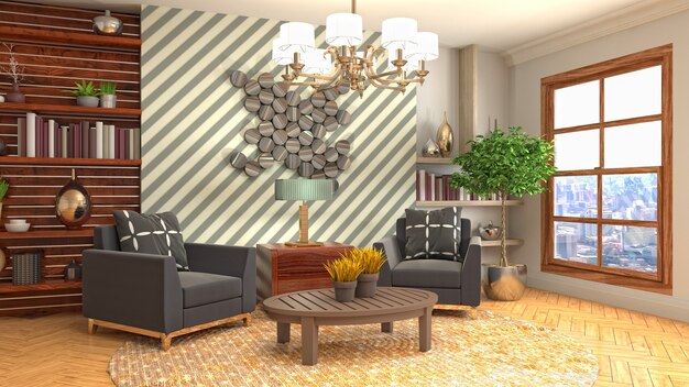 3D rendering of a modern and cozy living room