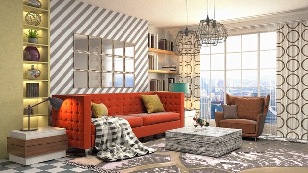 3D rendering of a modern and cozy living room