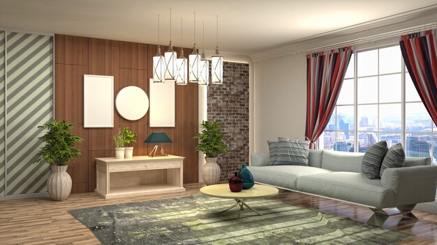 3D rendering of a modern and cozy living room