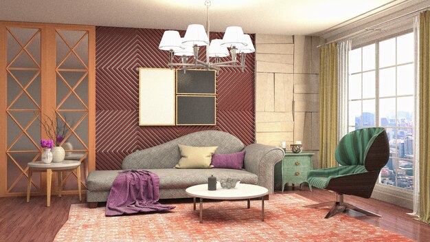 3D rendering of a modern and cozy living room