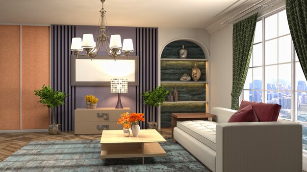 3D rendering of a modern and cozy living room