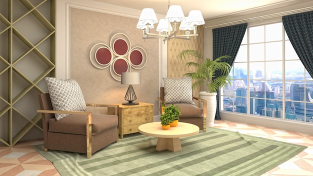 3D rendering of a modern and cozy living room