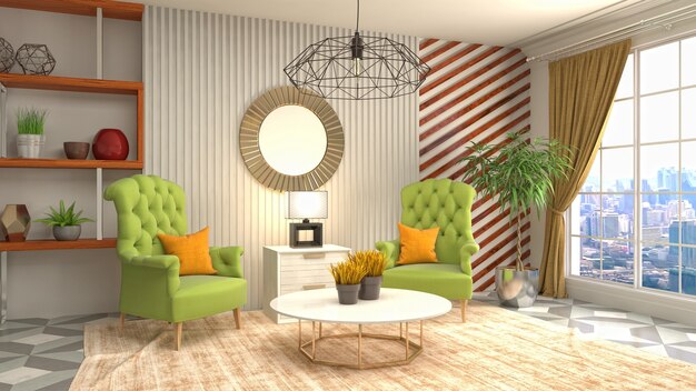 3D rendering of a modern and cozy living room