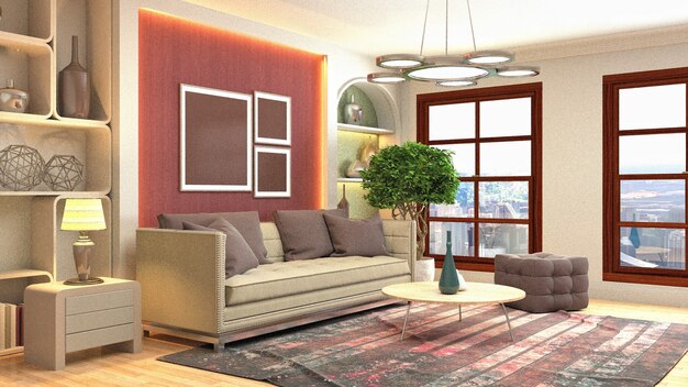 3D rendering of a modern and cozy living room