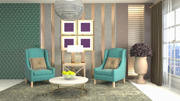 3D rendering of a modern and cozy living room