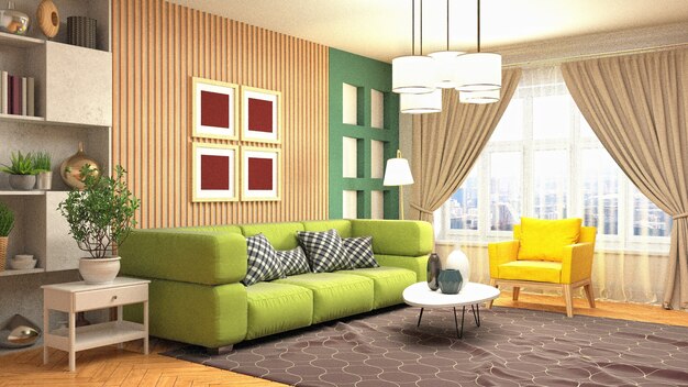 3D rendering of a modern and cozy living room