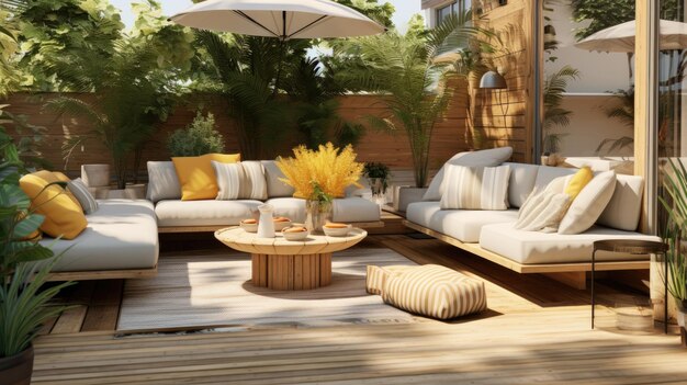 3D-рендеринг современного уютного террасы с диваном, столом для кофе, садом и красивым озеленением