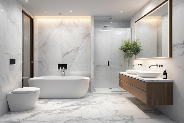 사진 3d 렌더링 현대 디자인과 대리석 타일 화장실 및 욕실