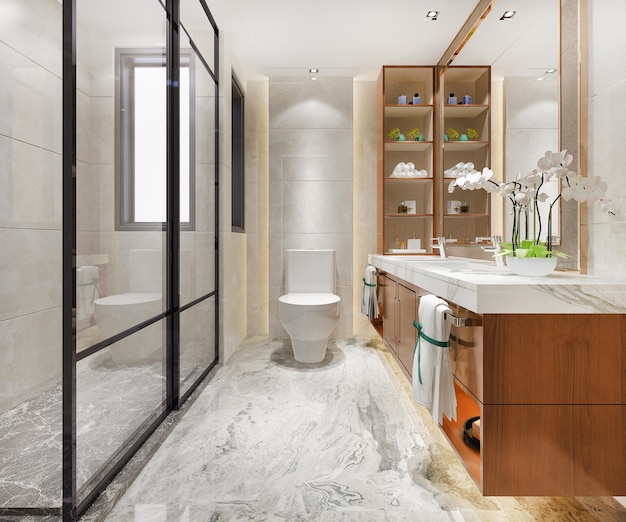 3d rendering modern design and marble tile toilet and bathroom with shelf