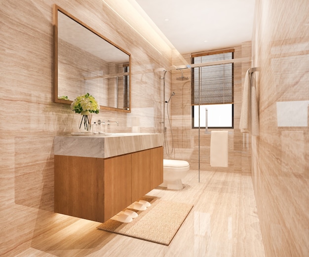 3d рендеринг современного дизайна и мраморной плитки туалета и ванной комнаты