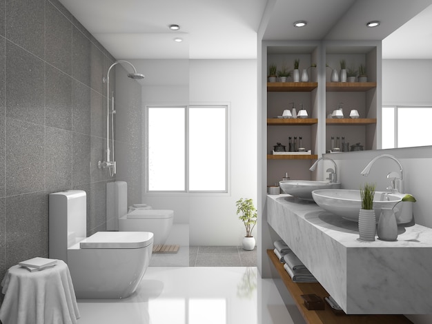 3d rendering modern design and marble tile toilet and bathroom