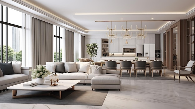 Photo 3d rendering modern dining room and living room with interior elegant living furniture room space