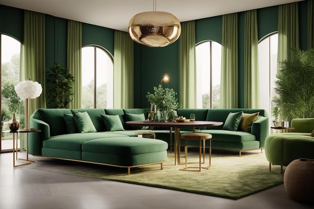 3D-рендеринг современной столовой и гостиной с роскошным декором и зеленым диваном