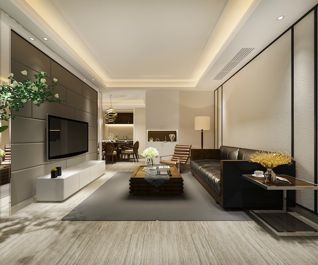 3d rendering modern dining room and living room with luxury decor and leather sofa