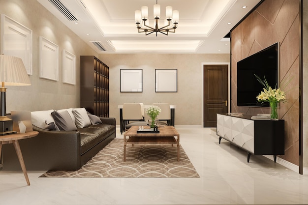 Photo 3d rendering modern dining room and living room with luxury decor