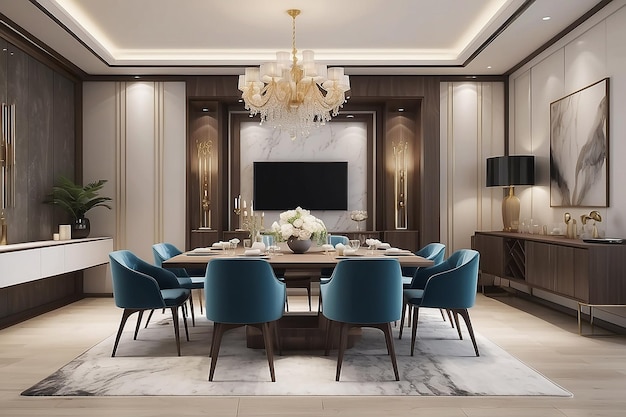 Foto rendering 3d di sala da pranzo e soggiorno moderni con decorazione di lusso