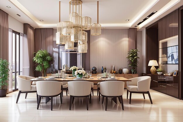 3d rendering of modern dining room and living room with luxury decor