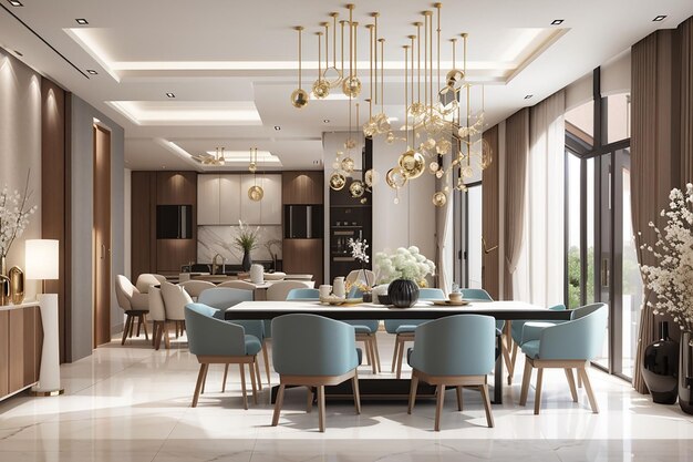 3D-рендеринг современной столовой и гостиной с роскошным декором