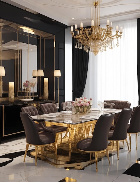 3d rendering modern dining room and living room with luxury decor