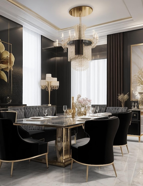 3D рендеринг современной столовой и гостиной с роскошным декором