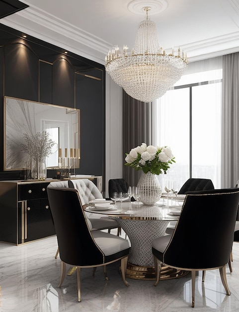 3d rendering modern dining room and living room with luxury decor