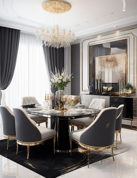 3d rendering modern dining room and living room with luxury decor