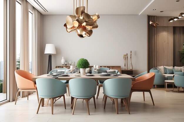 Foto sala da pranzo moderna e soggiorno con rendering 3d con poltrona retrò e stile europeo