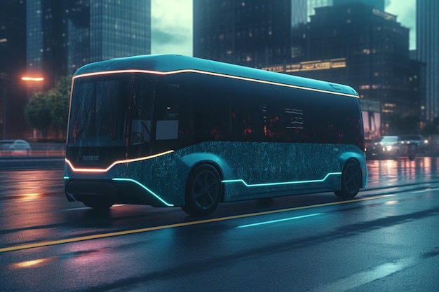 3D rendering of a modern electric bus in the city at night generative ai